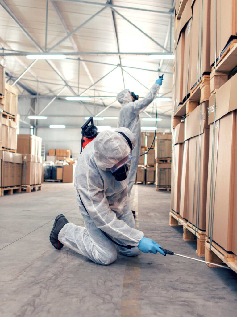 Exterminators in warehouse spraying pesticides with sprayer