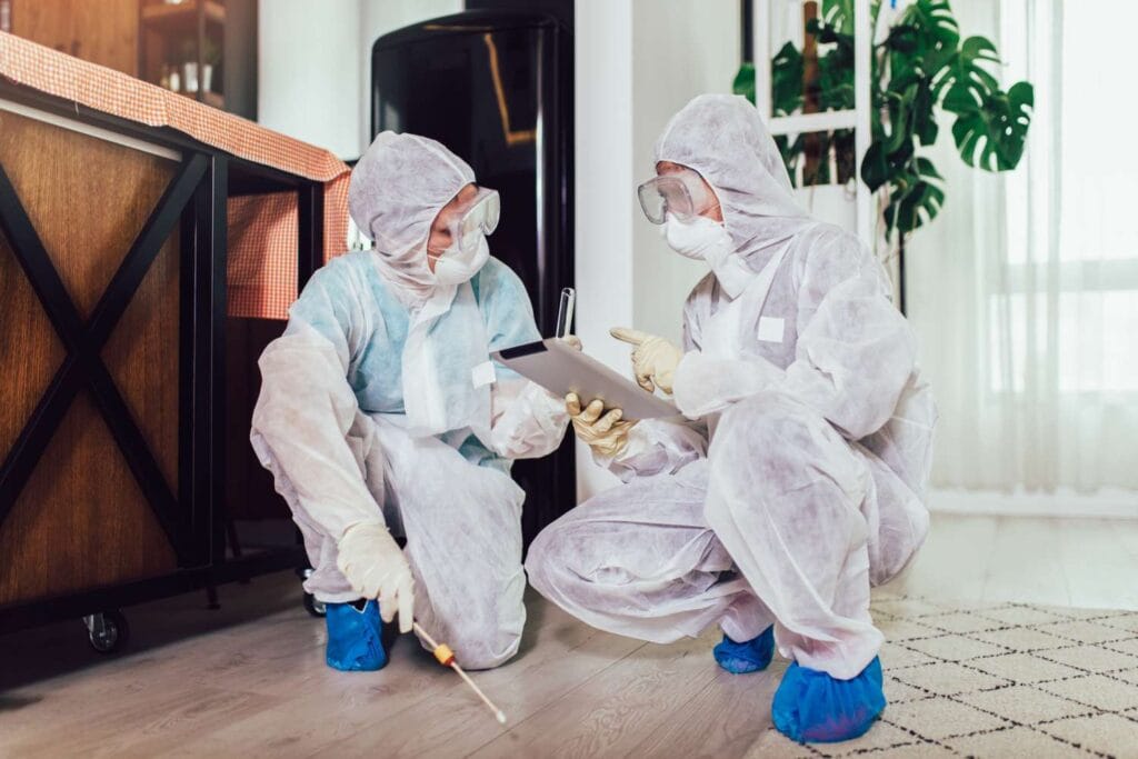 Specialists in protective suits do pest control in an apartment